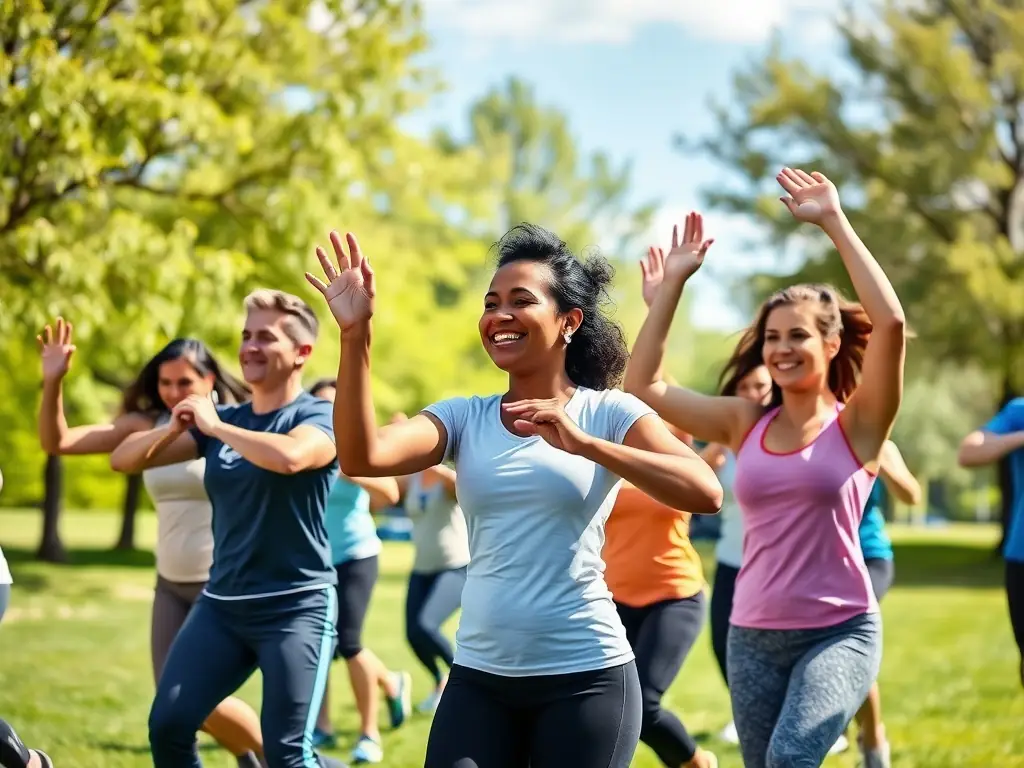 A diverse group of individuals participating in a community fitness program, emphasizing inclusivity and promoting a healthy lifestyle, set in a local park.
