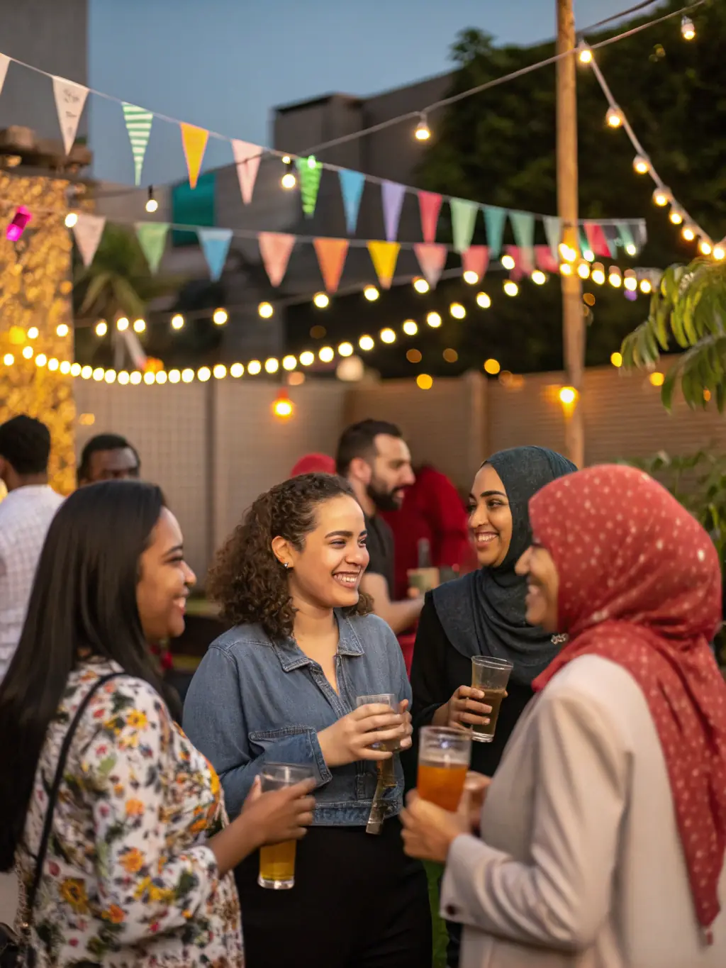 A group of people from different backgrounds laughing and interacting at a community event organized by ASC ASSOC SPORTIVE CULTURELLE LPA ST FLOUR, emphasizing social cohesion.