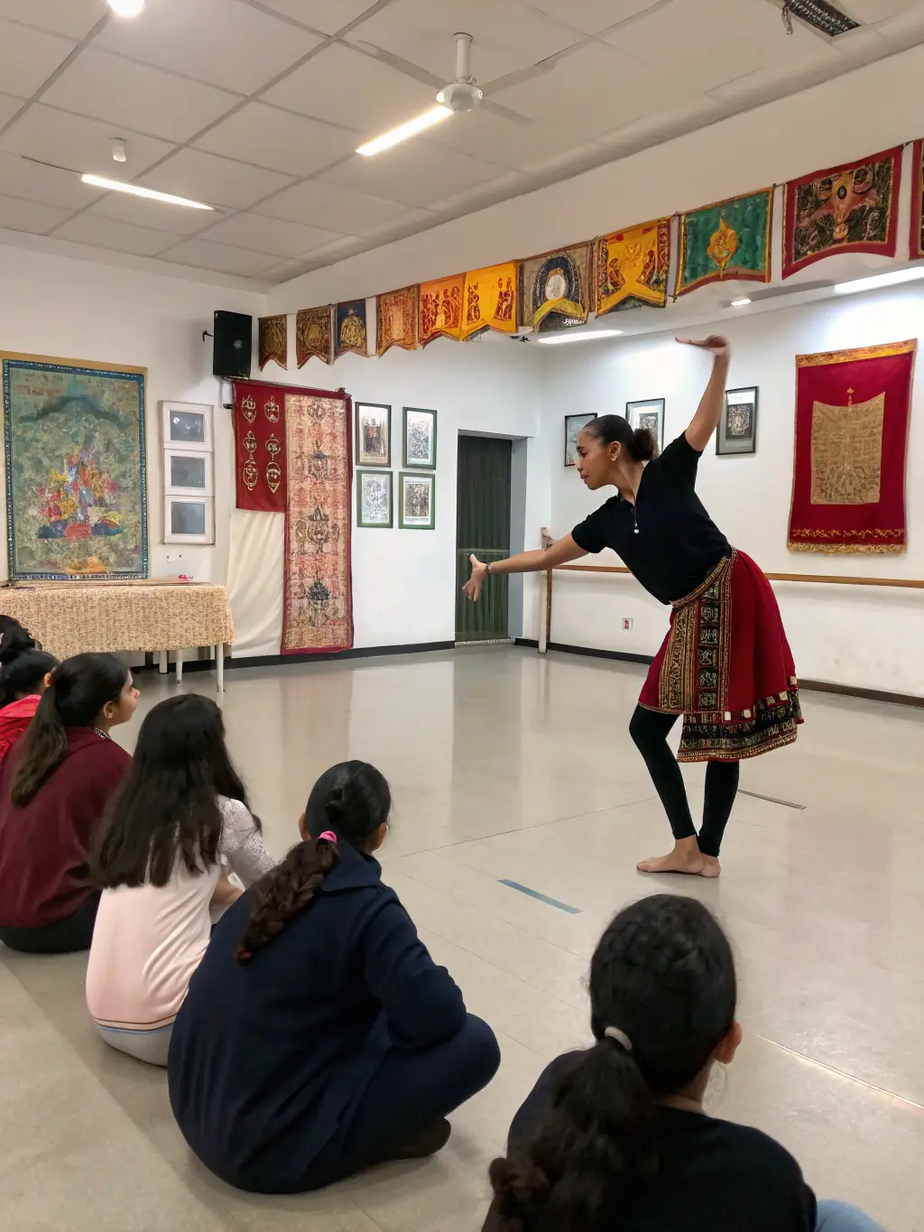 A vibrant image of students engaged in a traditional French dance class at ASC ASSOC SPORTIVE CULTURELLE LPA ST FLOUR, showcasing cultural appreciation and artistic expression.