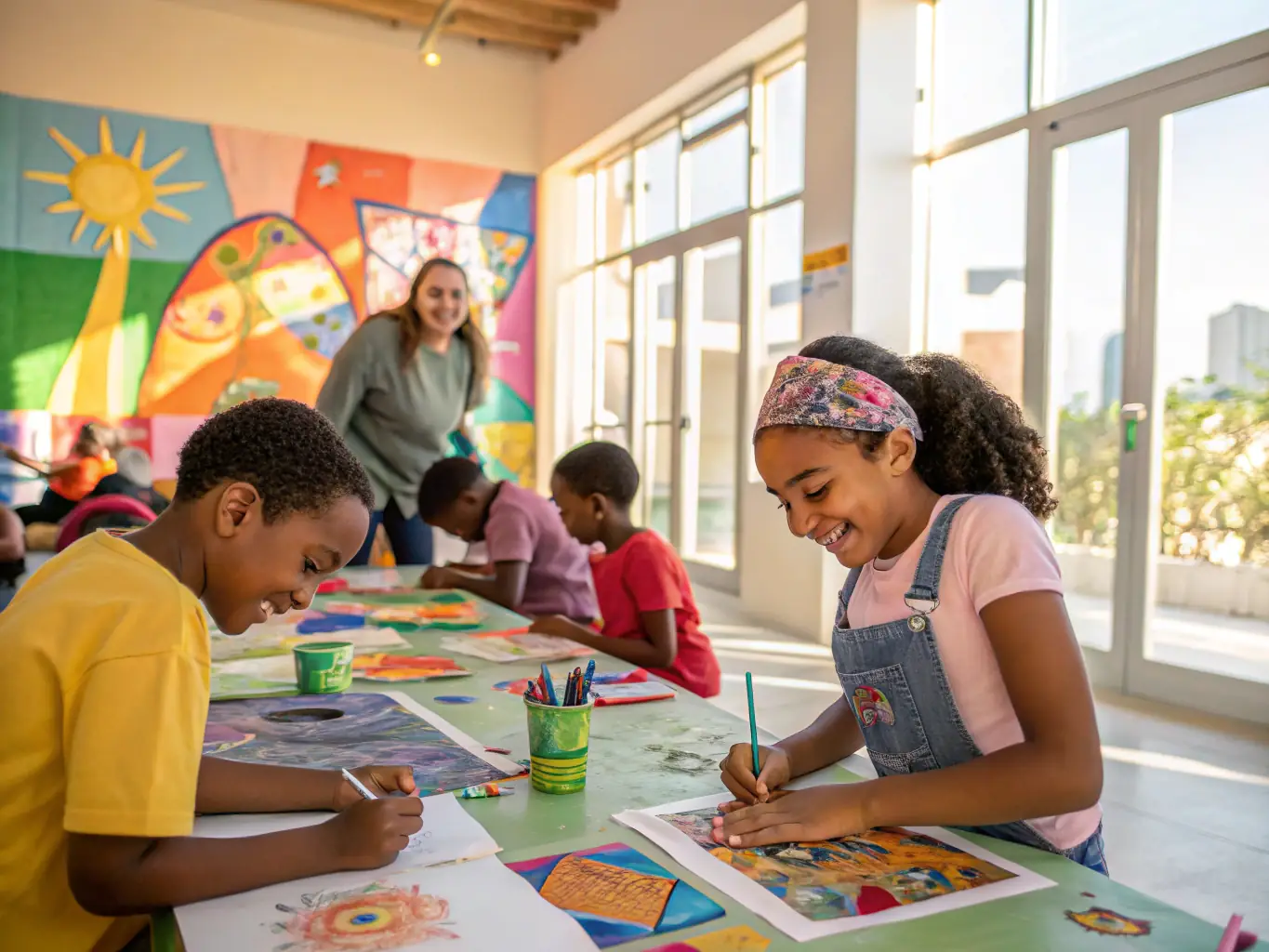 A diverse group of children engaged in a painting workshop, highlighting creativity and cultural expression, with the ASC ASSOC SPORTIVE CULTURELLE LPA ST FLOUR logo subtly visible in the background.