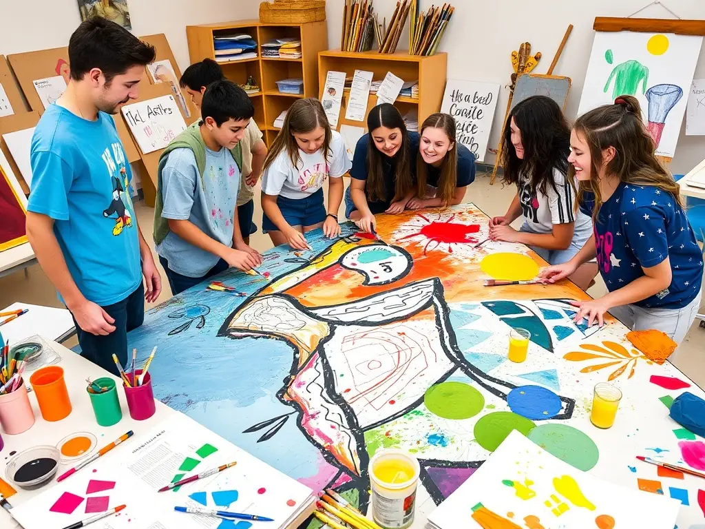 A photograph of individuals creating art during a painting class, emphasizing artistic expression and community interaction.