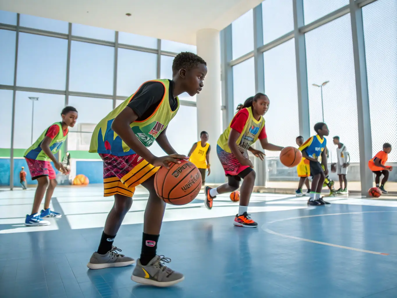 A group of students participating in a basketball training session, focusing on teamwork and skill development, set against the backdrop of a modern sports hall.
