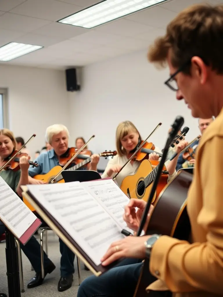 A photo of participants learning to play musical instruments, emphasizing the organization's commitment to cultural enrichment.