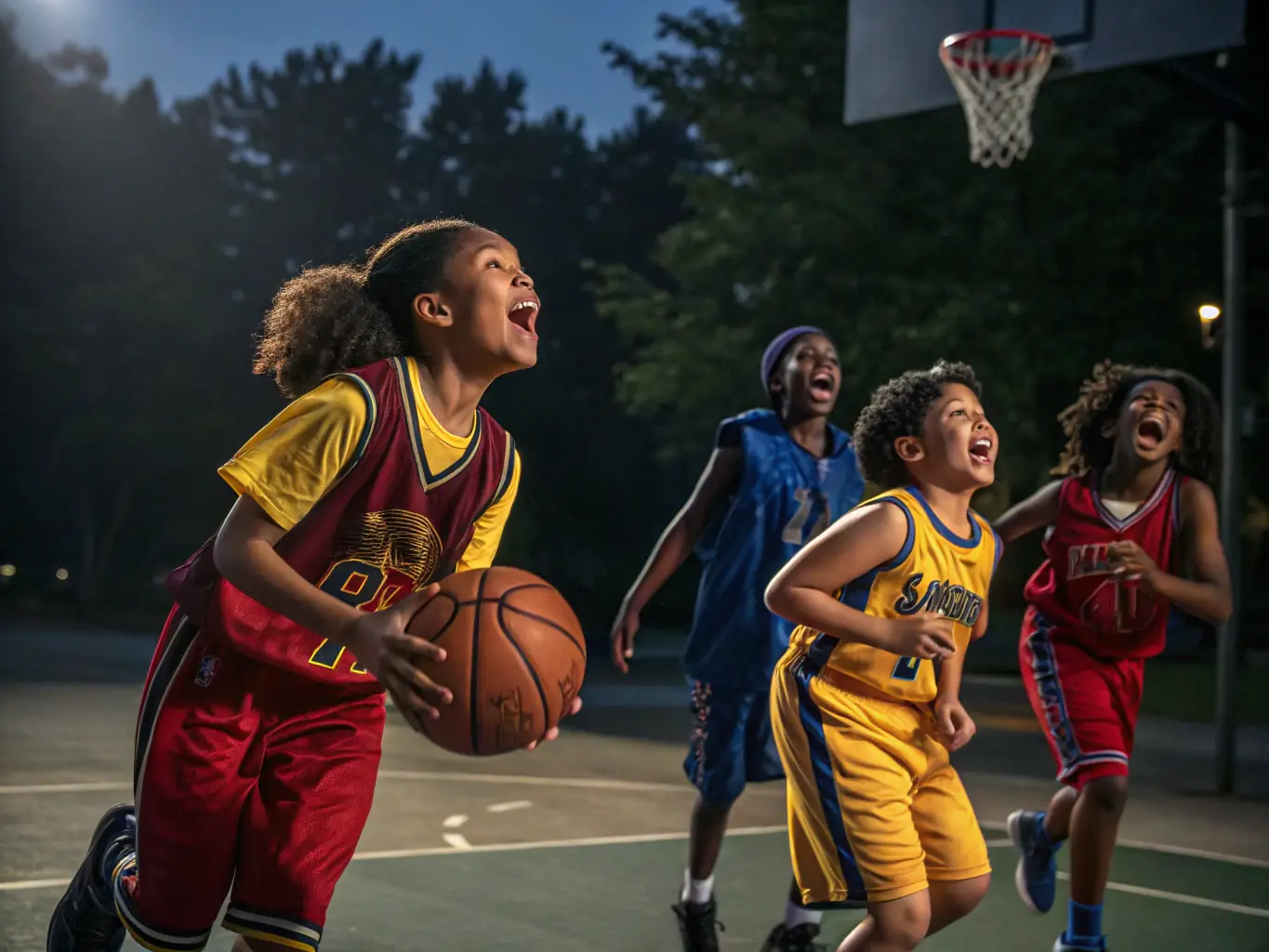 A group of students participating in a basketball game, showcasing teamwork and physical activity, with the ASC ASSOC SPORTIVE CULTURELLE LPA ST FLOUR logo subtly visible in the background.
