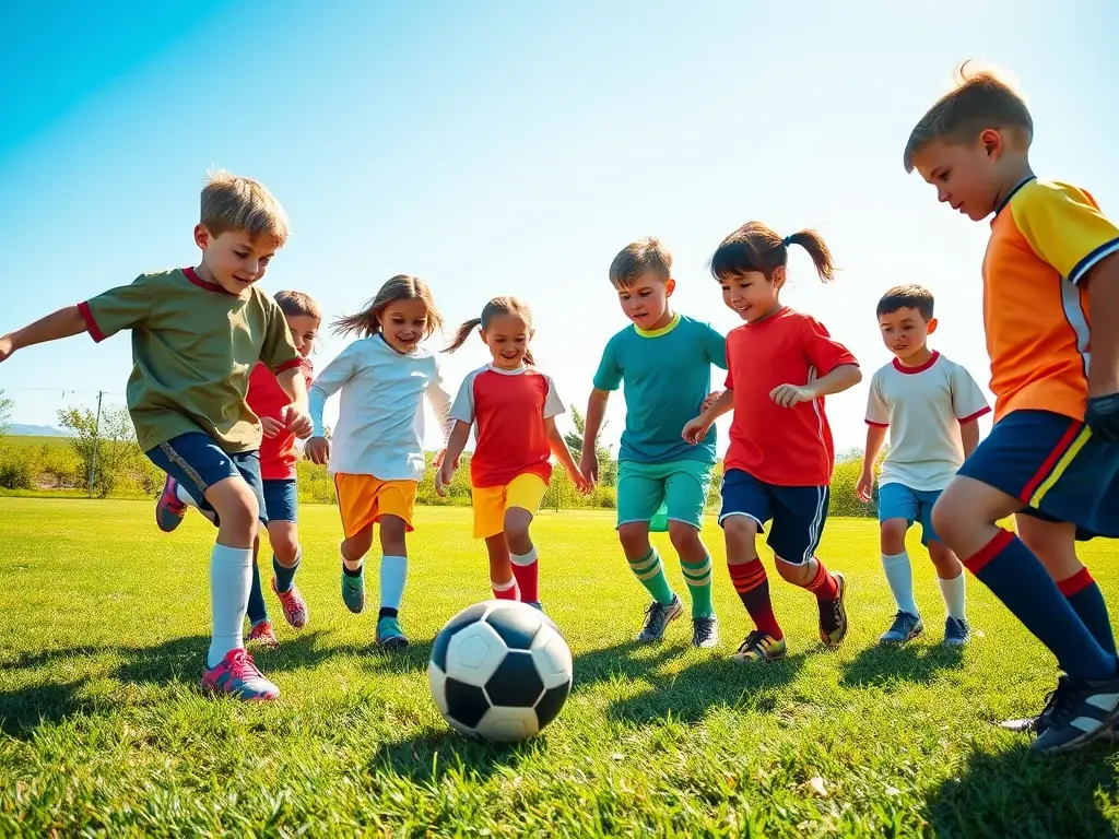 A vibrant image showcasing children participating in a soccer game, emphasizing teamwork and physical activity in a fun, outdoor setting.
